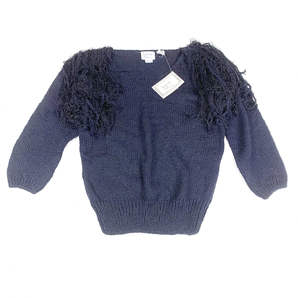 VTG NWT Bonnie and Bill Black Fringe Shoulder Silk Sweater, Large